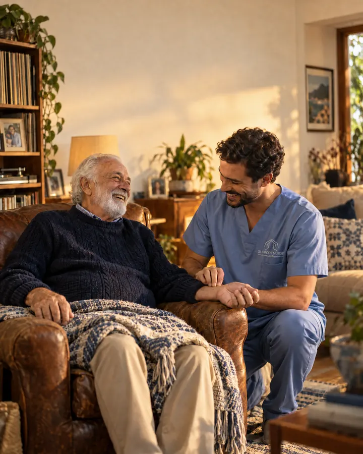 Enfermeiro da Support Nurse conversando com um senhor em sua poltrona