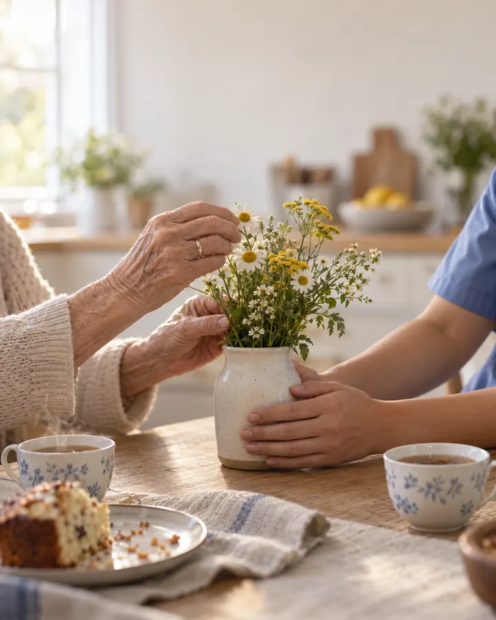 Mãos de uma senhora e de uma cuidadora arrumando flores sobre a mesa do chá